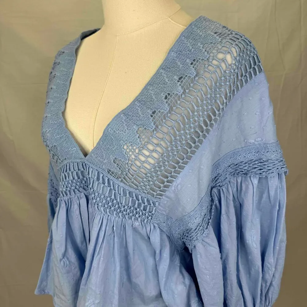 Free People Drive You Mad Blouse Blue Crochet Puff Sleeve Southern Bell Western
